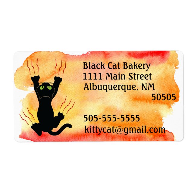 Black Cat scratching watercolor address Label (Front)