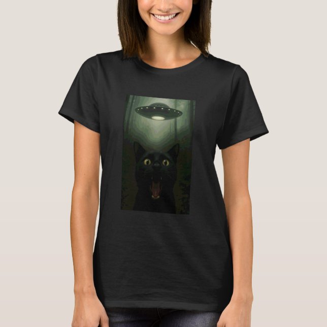 Black Cat Selfie with UFO Alien Funny T-Shirt (Front)