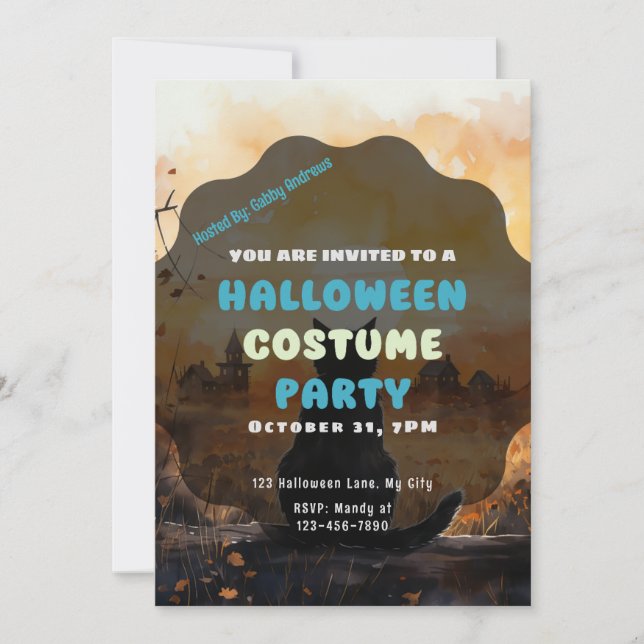 Black Cat Setting Sun Autumn Halloween Invitation (Front)