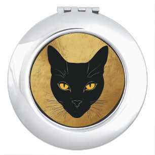 Black Cat Silhouette Against a Gold Circle Compact Mirror