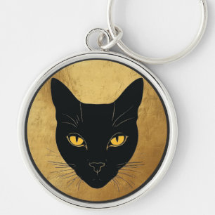 Black Cat Silhouette Against a Gold Circle Keychain