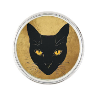 Black Cat Silhouette Against a Gold Circle Lapel Pin
