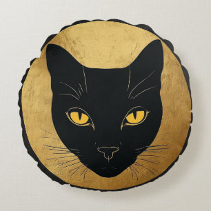 Black Cat Silhouette Against a Gold Circle Round Pillow