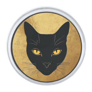 Black Cat Silhouette Against a Gold Circle Silver Finish Lapel Pin