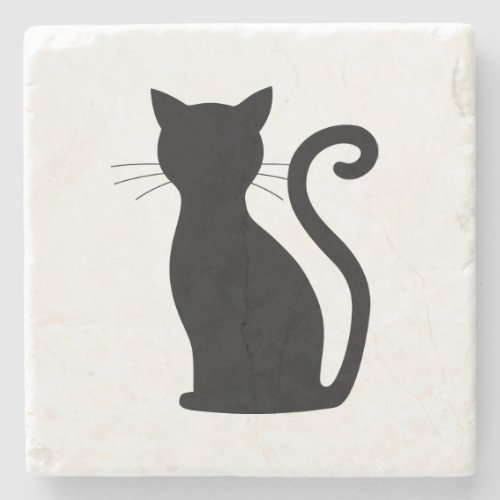 Black Cat Silhouette Black and White Cute Stone Coaster
