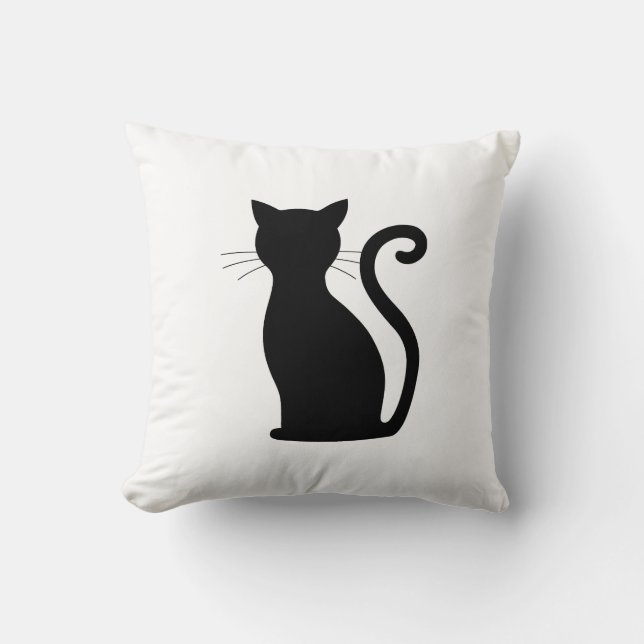 Black Cat Silhouette Black and White Cute Throw Pillow (Front)