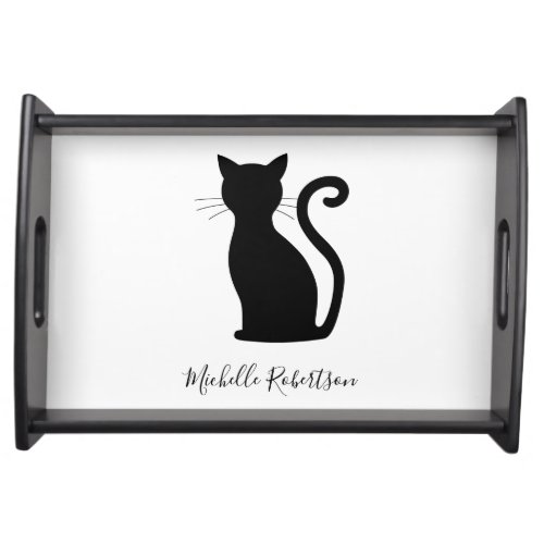 Black Cat Silhouette Black and White Name Cute Serving Tray