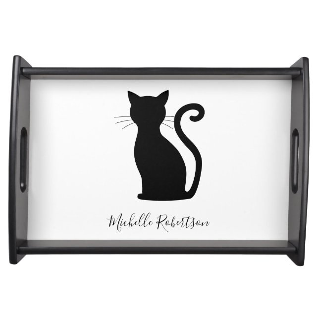 Black Cat Silhouette Black and White Name Cute Serving Tray (Front)