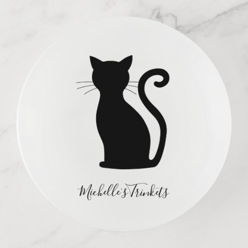 Black Cat Silhouette Black and White Name Cute Trinket Tray