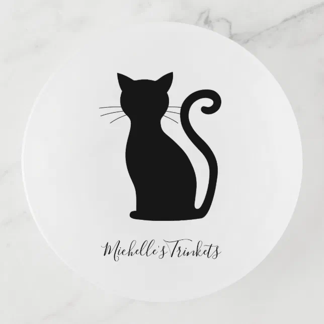 Black Cat Silhouette Black and White Name Cute Trinket Tray | Zazzle