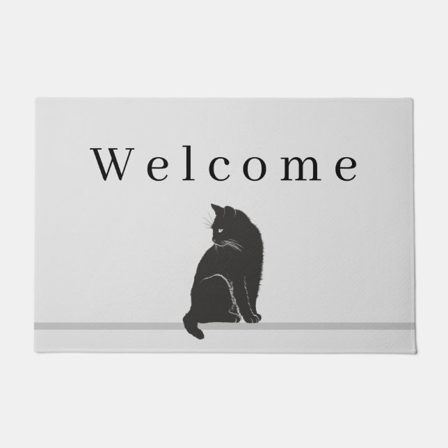Black Cat Silhouette Black WELCOME Gray  Doormat (Front)