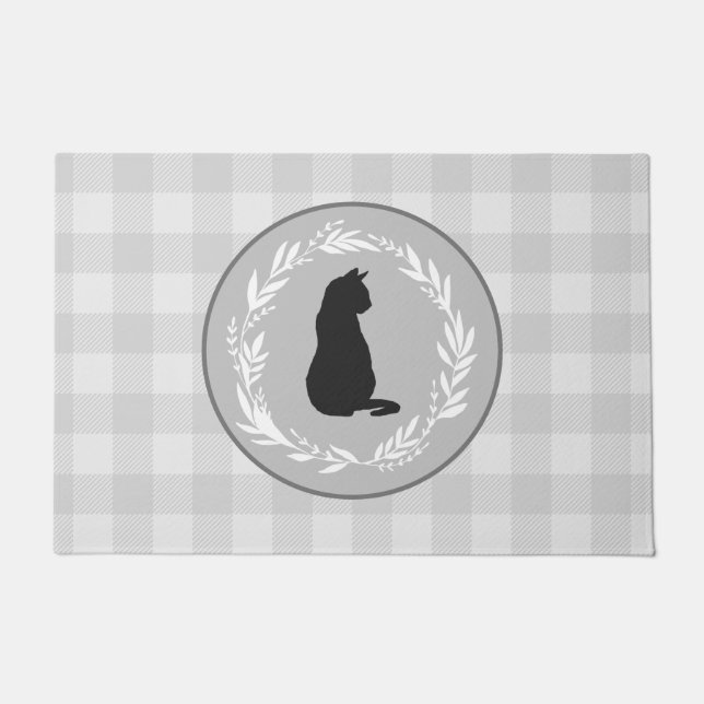 Black Cat Silhouette Buffalo Check Pattern Gray Doormat (Front)