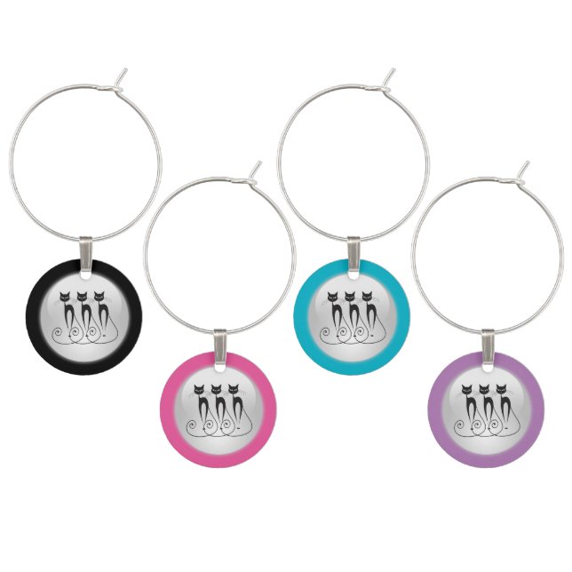 Black cat silhouette cute girls wine charm (Staggered)