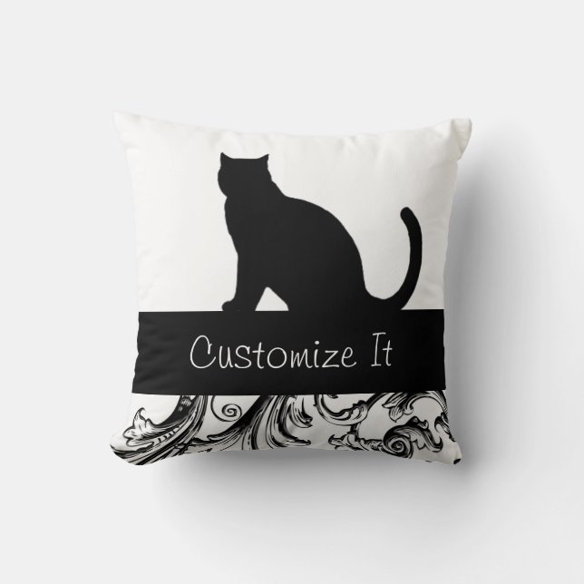 Black Cat Silhouette Elegant Baroque Trim Throw Pillow (Front)