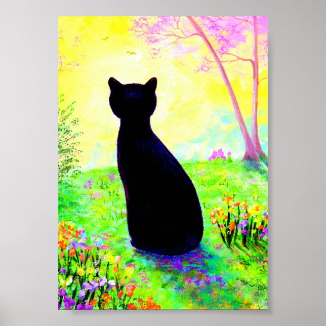 Black Cat Silhouette Flowers Creationarts Poster (Front)