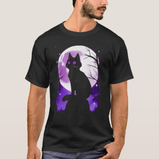 Black Cat Silhouette Full Moon Halloween Simple Co T-Shirt