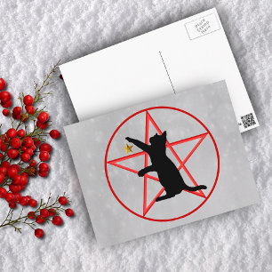 Black Cat Silhouette Gold Star Red Pentagram Gray Postcard