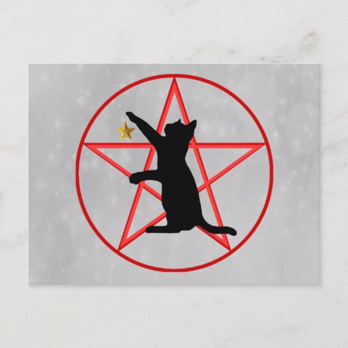 Black Cat Silhouette Gold Star Red Pentagram Gray Postcard