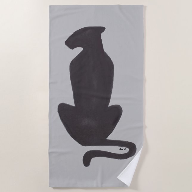 Black Cat Silhouette gray beach towel (Front)