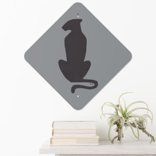 Black Cat Silhouette gray diamond metal sign