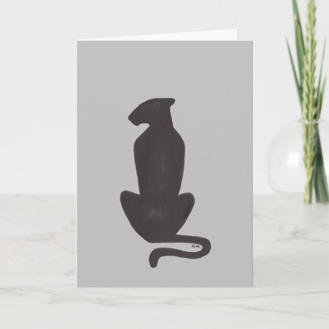 Black Cat Silhouette gray greeting card (Front)