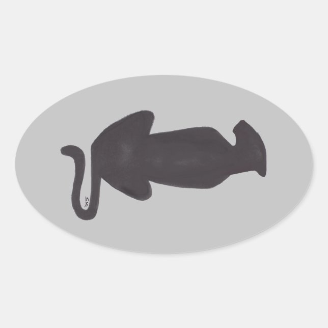 Black Cat Silhouette gray oval sticker (Front)