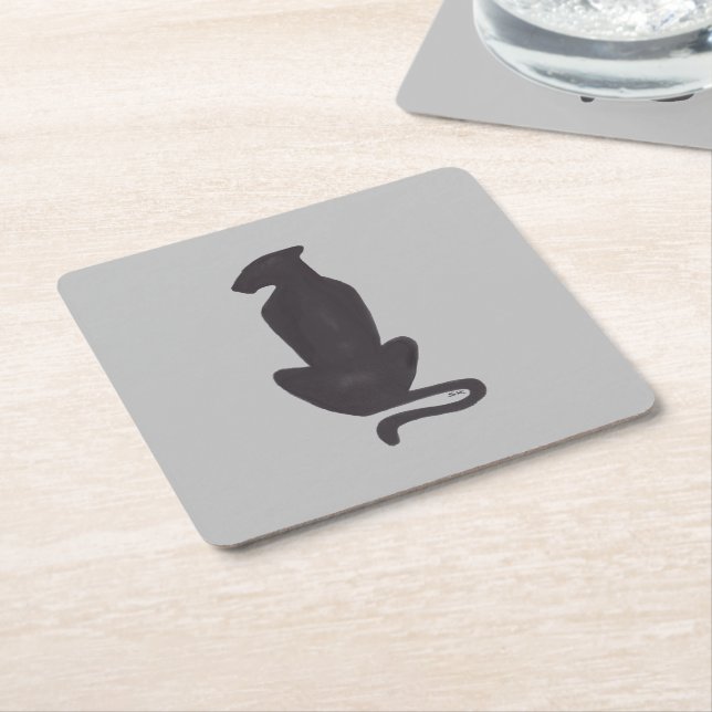 Black Cat Silhouette gray paper coasters (Angled)