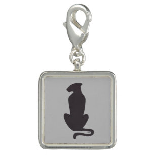Black Cat Silhouette gray silver square charm