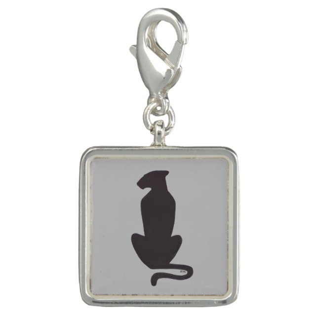 Black Cat Silhouette gray silver square charm (Front)