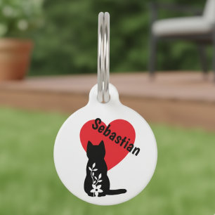 Black Cat Silhouette Heart Floral Pet Parent ID Tag