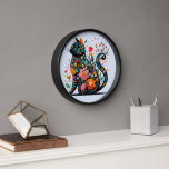 Black Cat silhouette made of colorful flowers Clock<br><div class="desc">Black Cat silhouette made of colorful flowers,  this design features a Black Cat silhouette made of colorful flowers.</div>
