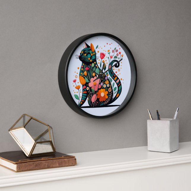 Black Cat silhouette made of colorful flowers Clock (Office)