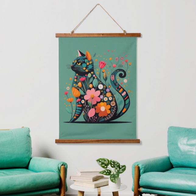 Black Cat silhouette made of colorful flowers Hanging Tapestry (Living Room)