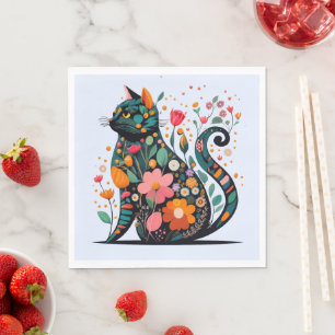 Black Cat silhouette made of colorful flowers Napkins