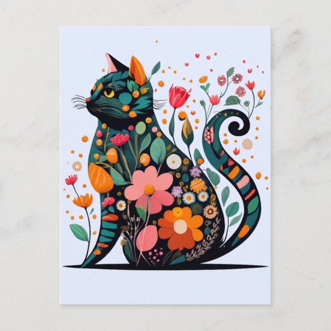 Black Cat silhouette made of colorful flowers Postcard (Front)