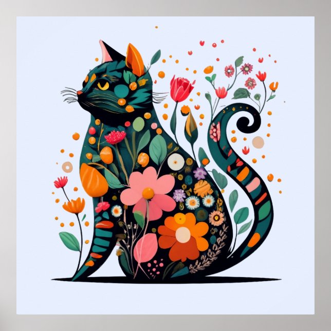 Black Cat silhouette made of colorful flowers Poster (Front)