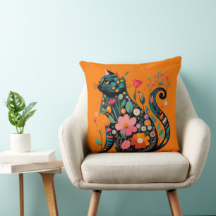 Black Cat silhouette made of colorful flowers Throw Pillow