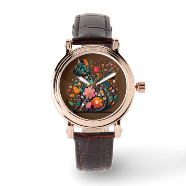 Black Cat silhouette made of colorful flowers Watch (Front)