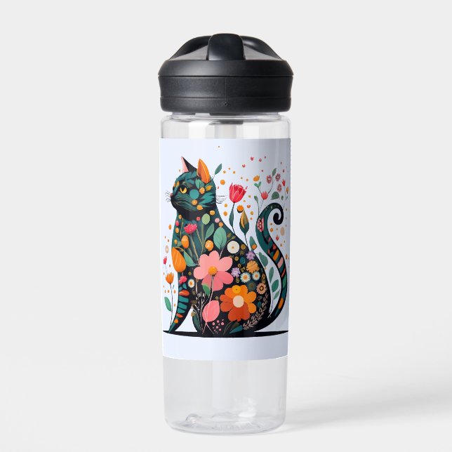 Black Cat silhouette made of colorful flowers Water Bottle (Front)