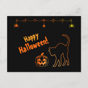 Black Cat Silhouette Neon Happy Halloween Postcard