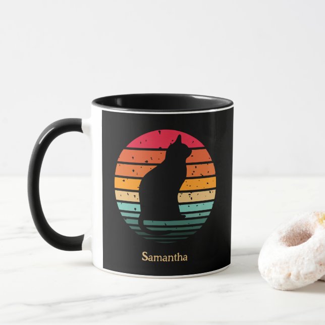 Black Cat Silhouette on Distressed Rainbow Mug (With Donut)
