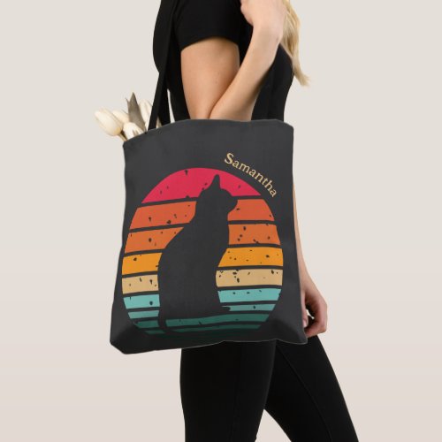 Black Cat Silhouette on Distressed Rainbow Tote Bag