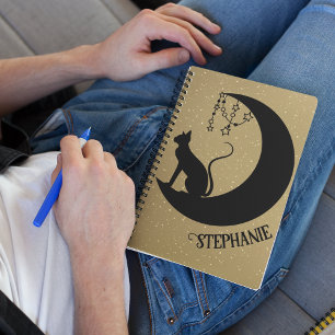 Black Cat Silhouette On Gold Glitter Night Sky Notebook