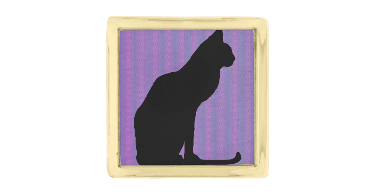 Black Cat Silhouette On Purple Stripes Gold Finish Lapel Pin