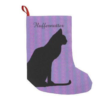 Black Cat Silhouette On Purple Stripes Small Christmas Stocking by AnimalHijinx at Zazzle