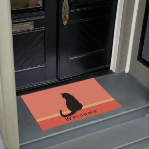 Black Cat Silhouette Orange & Black WELCOME Doormat