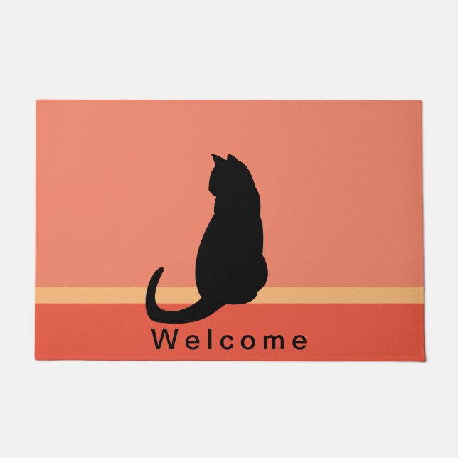 Black Cat Silhouette Orange & Black WELCOME Doormat (Front)