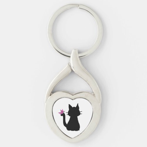 Black Cat Silhouette Pink Butterfly Keychain