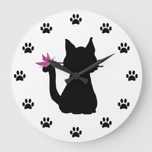 Black Cat Silhouette Pink Butterfly Large Clock