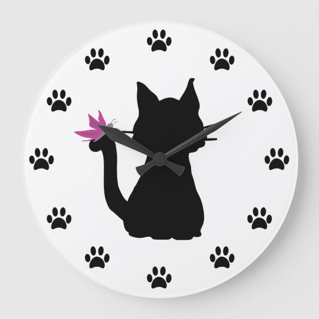 Black Cat Silhouette Pink Butterfly Large Clock (Front)
